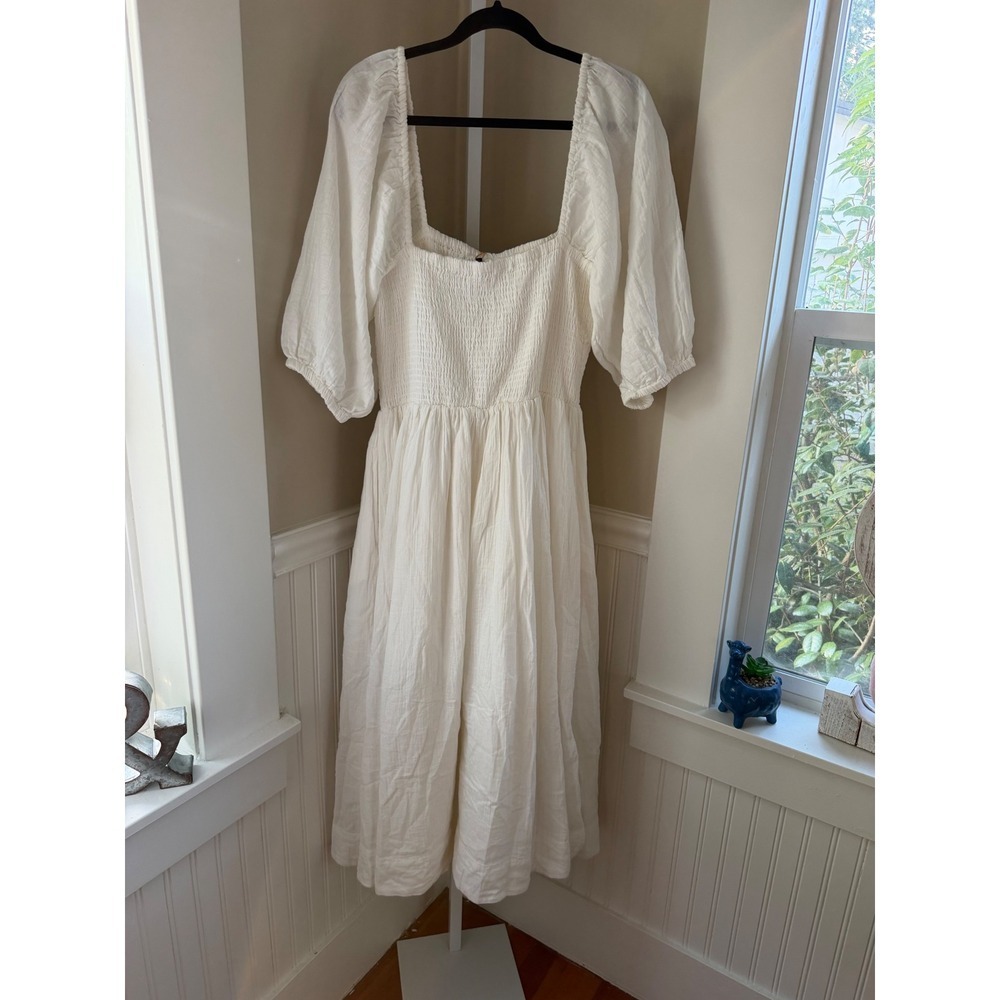NWT Quince Organic Cotton Gauze Smocked Square Neck Midi Dress White Large - Picture 10 of 12